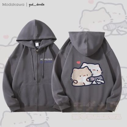 MODAKAWA X gud_doodleキティグラフィック フリース裏地 ジップアップ パーカー スウェットシャツ - ダークグレー - 5XL - image 1