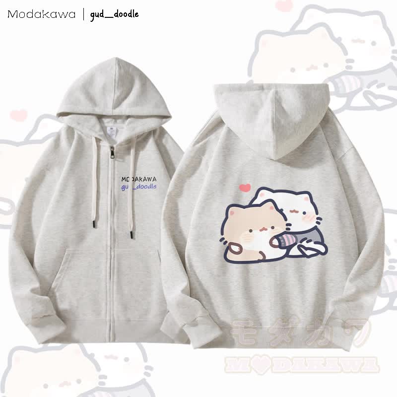 MODAKAWA X gud_doodleキティグラフィック フリース裏地 ジップアップ パーカー スウェットシャツ - ライトグレー - 5XL - image 3