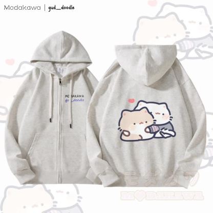 MODAKAWA X gud_doodleキティグラフィック フリース裏地 ジップアップ パーカー スウェットシャツ - ライトグレー - 5XL - image 3