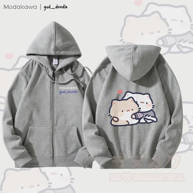 MODAKAWA X gud_doodleキティグラフィック フリース裏地 ジップアップ パーカー スウェットシャツ - グレー - 5XL - image 2
