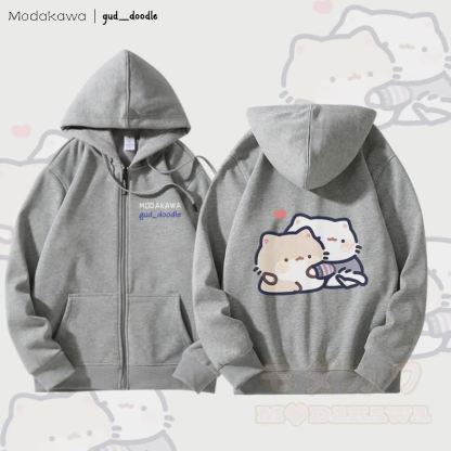 MODAKAWA X gud_doodleキティグラフィック フリース裏地 ジップアップ パーカー スウェットシャツ - グレー - 5XL - image 2