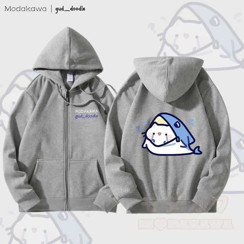 MODAKAWA X gud_doodleキティシャークグラフィック フリース裏地 ジップアップ パーカー スウェットシャツ - グレー - 5XL - image 2