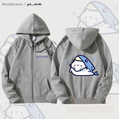 MODAKAWA X gud_doodleキティシャークグラフィック フリース裏地 ジップアップ パーカー スウェットシャツ - グレー - 5XL - image 2