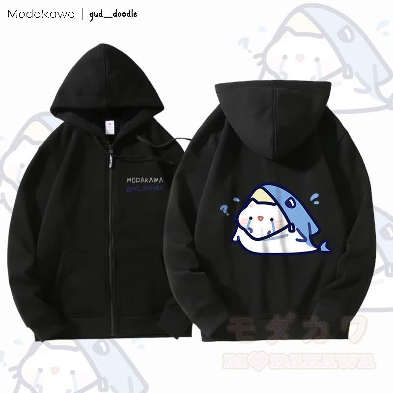 MODAKAWA X gud_doodleキティシャークグラフィック フリース裏地 ジップアップ パーカー スウェットシャツ - 黒 - 5XL - image 1