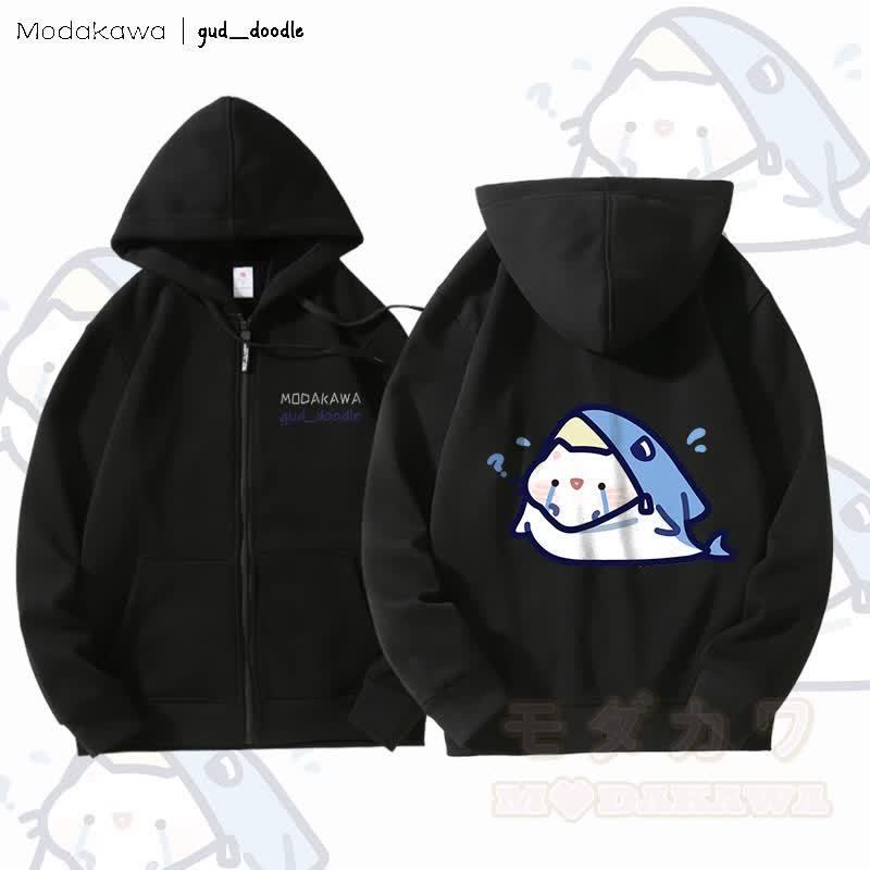 MODAKAWA X gud_doodleキティシャークグラフィック フリース裏地 ジップアップ パーカー スウェットシャツ - 黒 - 5XL - image 1