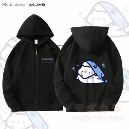 MODAKAWA X gud_doodleキティシャークグラフィック フリース裏地 ジップアップ パーカー スウェットシャツ - 黒 - 5XL - image 1