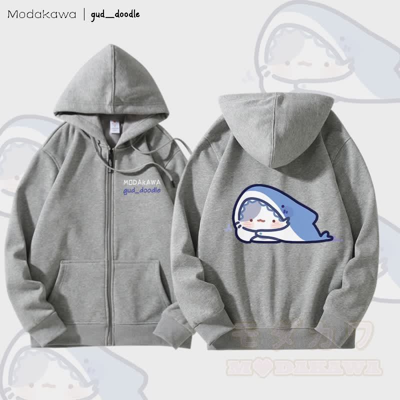 MODAKAWA X gud_doodleキティシャークグラフィック フリース裏地 ジップアップ パーカー スウェットシャツ - グレー - 5XL - image 2