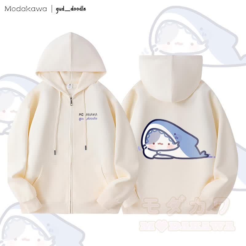 MODAKAWA X gud_doodleキティシャークグラフィック フリース裏地 ジップアップ パーカー スウェットシャツ - ベージュ - 5XL - image 1