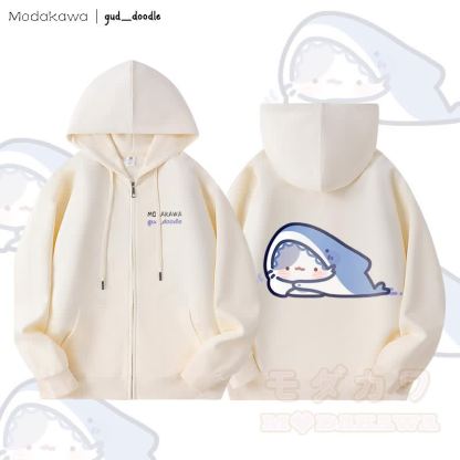 MODAKAWA X gud_doodleキティシャークグラフィック フリース裏地 ジップアップ パーカー スウェットシャツ - ベージュ - 5XL - image 1