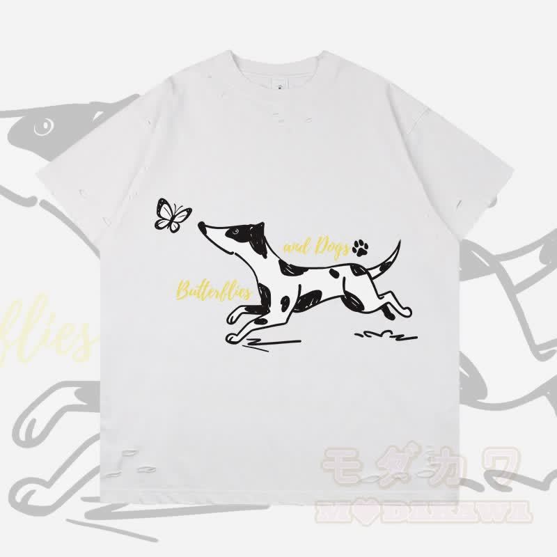 MODAKAWA 斑点犬と蝶のグラフィック リップドTシャツ - 白 - 2XL - image 2