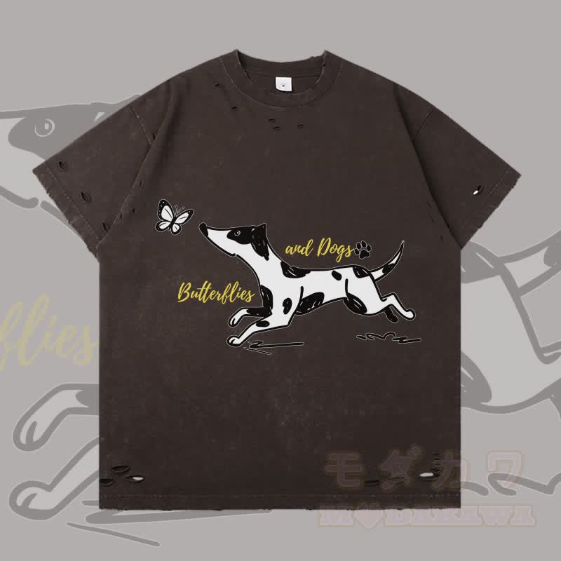 MODAKAWA 斑点犬と蝶のグラフィック リップドTシャツ - ダークブラウン - 2XL - image 3