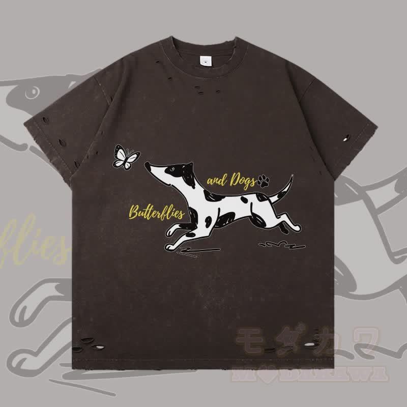 MODAKAWA 斑点犬と蝶のグラフィック リップドTシャツ - ダークブラウン - 2XL - image 3
