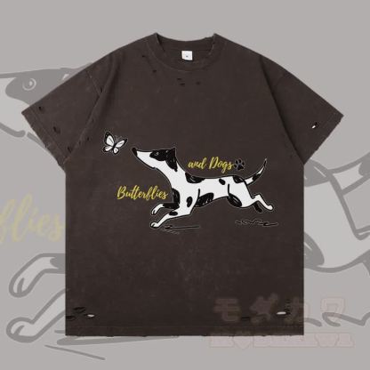 MODAKAWA 斑点犬と蝶のグラフィック リップドTシャツ - ダークブラウン - 2XL - image 3