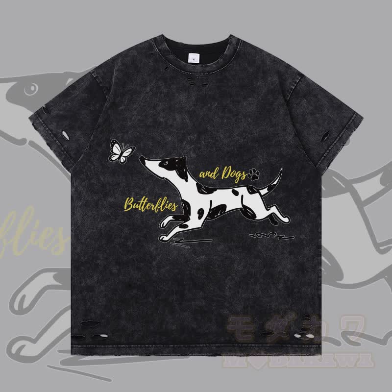 MODAKAWA 斑点犬と蝶のグラフィック リップドTシャツ - 黒 - 2XL - image 4