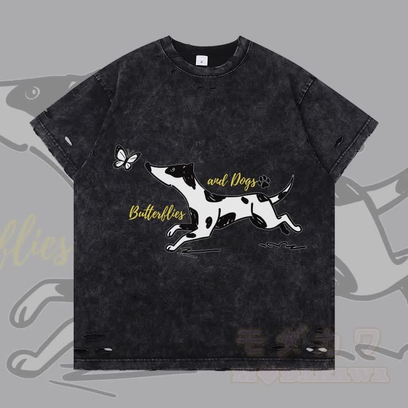 MODAKAWA 斑点犬と蝶のグラフィック リップドTシャツ - 黒 - 2XL - image 4