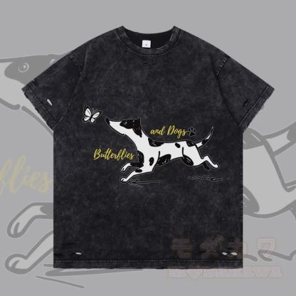 MODAKAWA 斑点犬と蝶のグラフィック リップドTシャツ - 黒 - 2XL - image 4
