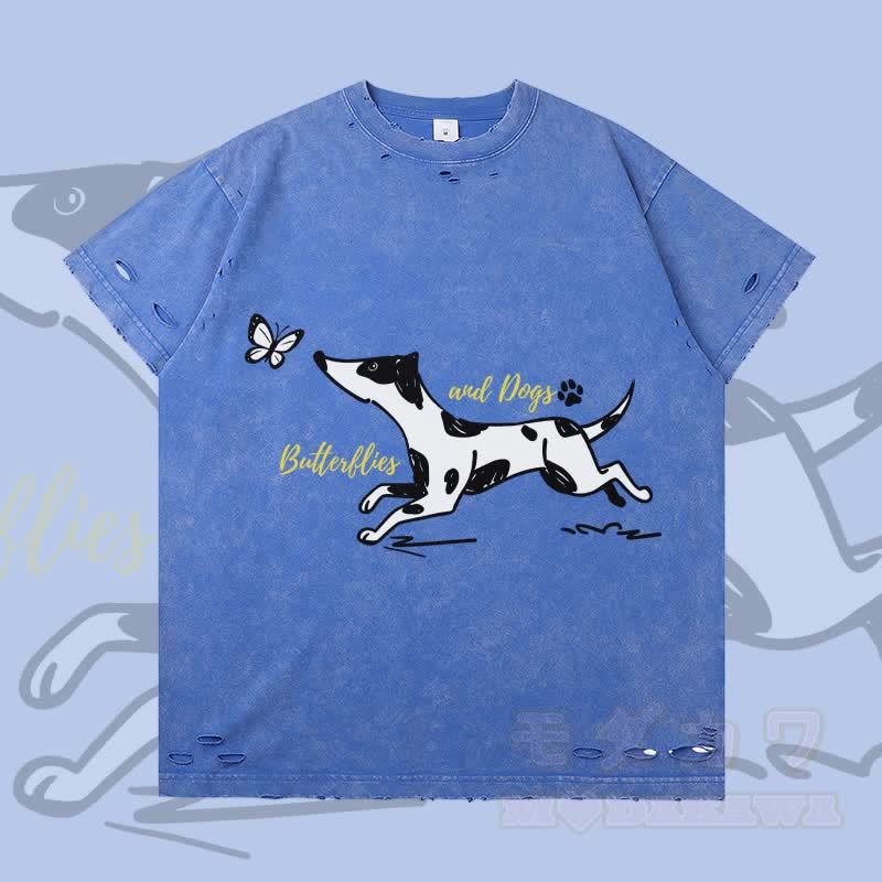 MODAKAWA 斑点犬と蝶のグラフィック リップドTシャツ - 青 - 2XL - image 1