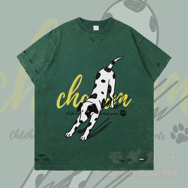 MODAKAWA ストレッチ スポッテッドドッグ グラフィック リップドTシャツ - ダークグリーン - 2XL - image 1