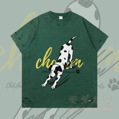 MODAKAWA ストレッチ スポッテッドドッグ グラフィック リップドTシャツ - ダークグリーン - 2XL - image 1