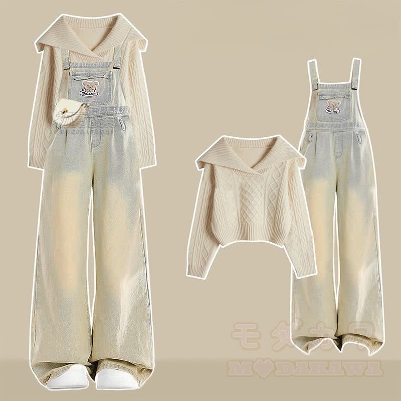ニットセーター ベア デニム オーバーオール マッチング アウトフィット - セット - フリー - image 1