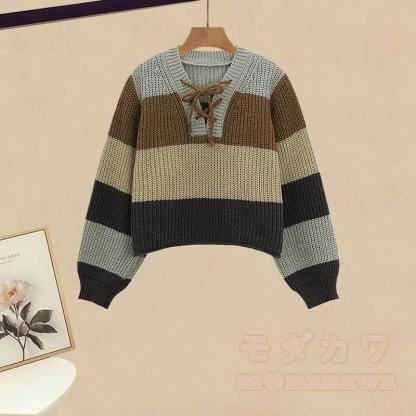 ストライプニットセーターとデニムオーバーオールのマッチングコーデ - セーター（シングル） - XL - image 2