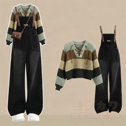ストライプニットセーターとデニムオーバーオールのマッチングコーデ - セット - XL - image 1