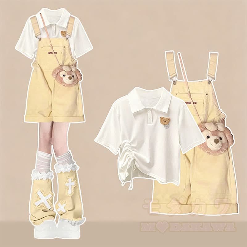 フリルタイシャツと黄色のオーバーオールのマッチング衣装 - セットB - XL - image 2