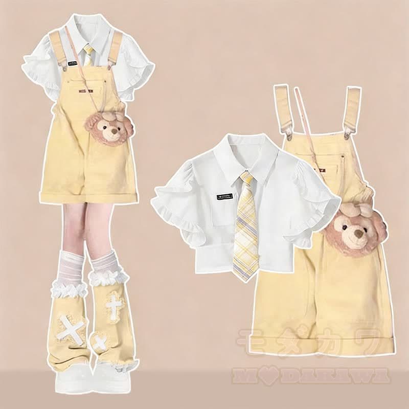 フリルタイシャツと黄色のオーバーオールのマッチング衣装 - セットA - XL - image 1