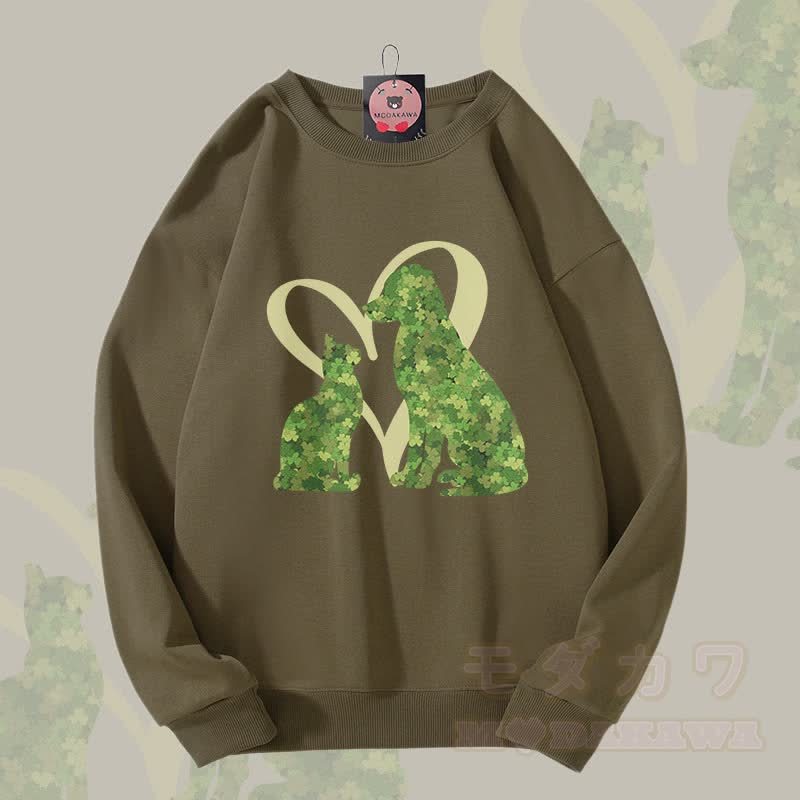 MODAKAWA クローバー 猫と犬のグラフィック ユニセックス スウェットシャツ - ダークカーキ - 5XL - image 1