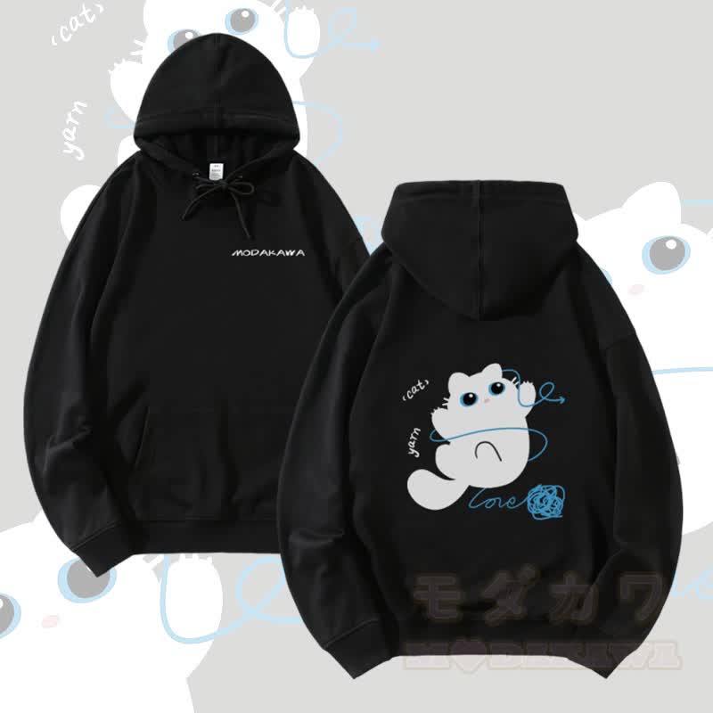 MODAKAWA 猫と糸のグラフィック ストリートウェア プルオーバー パーカー - 黒 - 5XL - image 4