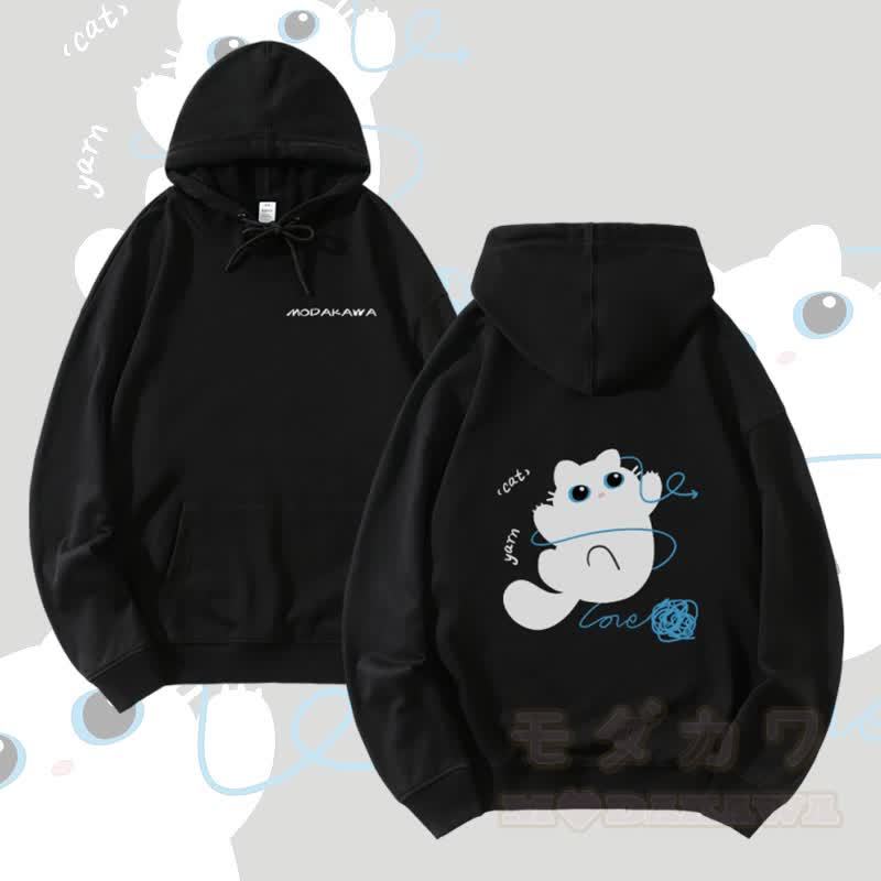 MODAKAWA 猫と糸のグラフィック ストリートウェア プルオーバー パーカー - 黒 - 5XL - image 4