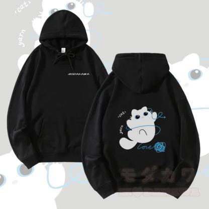 MODAKAWA 猫と糸のグラフィック ストリートウェア プルオーバー パーカー - 黒 - 5XL - image 4
