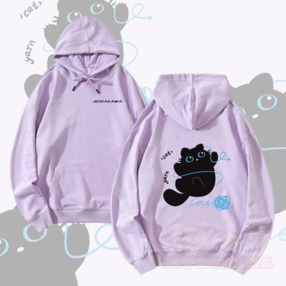 MODAKAWA 猫と糸のグラフィック ストリートウェア プルオーバー パーカー - 紫 - 5XL - image 1