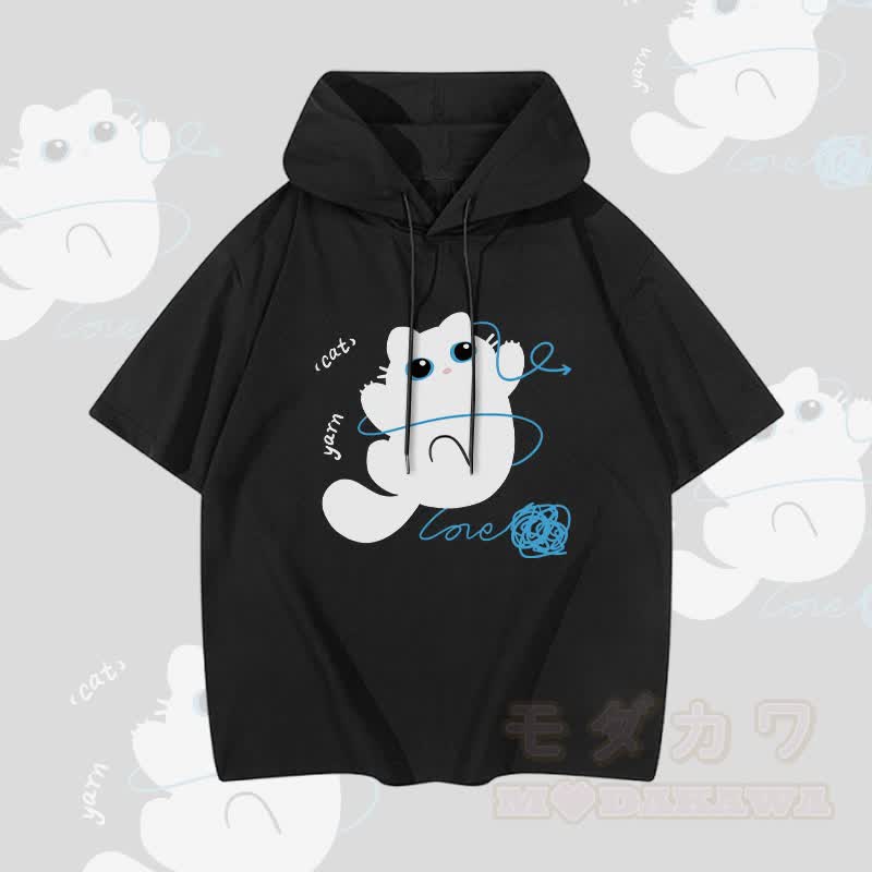 MODAKAWA 毛糸柄猫グラフィック半袖パーカー - 黒 - 3XL - image 1