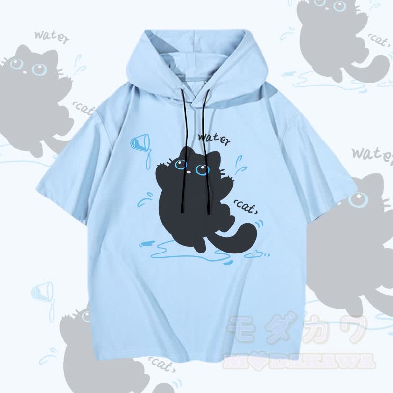 MODAKAWA 水と猫のグラフィック半袖パーカー - 青 - 3XL - image 1