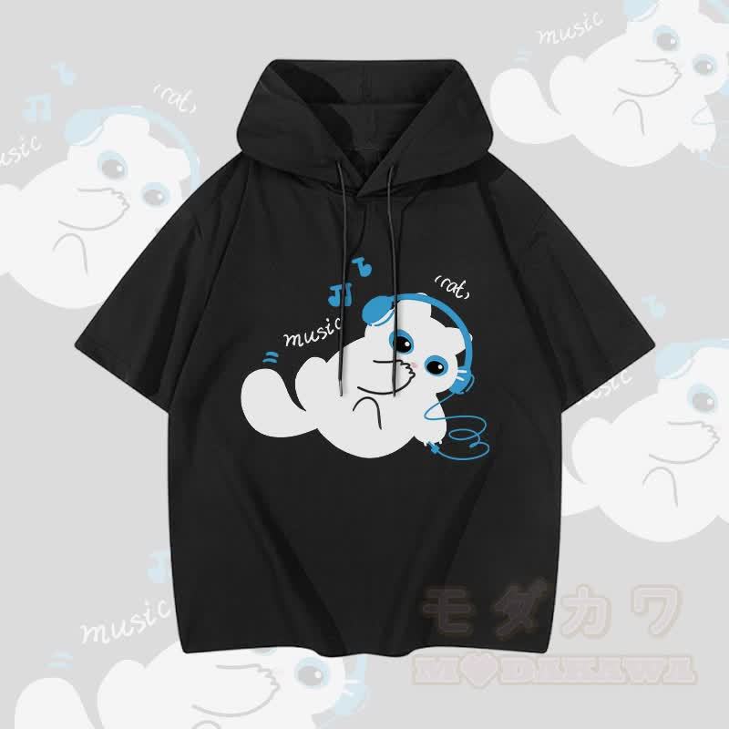 MODAKAWA 音楽を聴く猫のグラフィック半袖パーカー - 黒 - 3XL - image 2