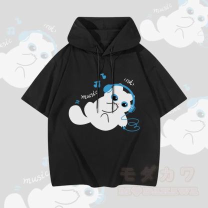 MODAKAWA 音楽を聴く猫のグラフィック半袖パーカー - 黒 - 3XL - image 2
