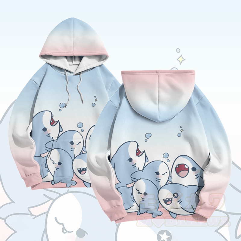 MODAKAWA グラデーション プレイフル シャーク グラフィック プルオーバー パーカー - ピンク＆ブルー - 5XL - image 1