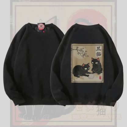 MODAKAWA 黒猫が毛糸で遊ぶグラフィック ユニセックス スウェットシャツ - 黒 - 5XL - image 3