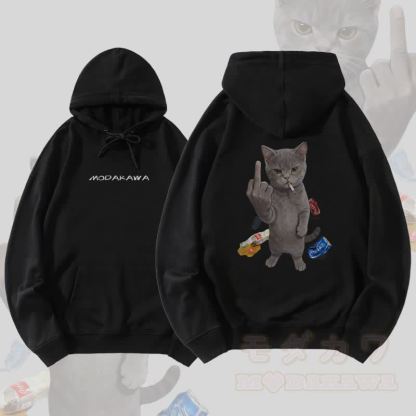 MODAKAWA ディファイアント スモーキングキャット グラフィック コットンブレンド マッチングパーカー - 黒 - 5XL - image 3