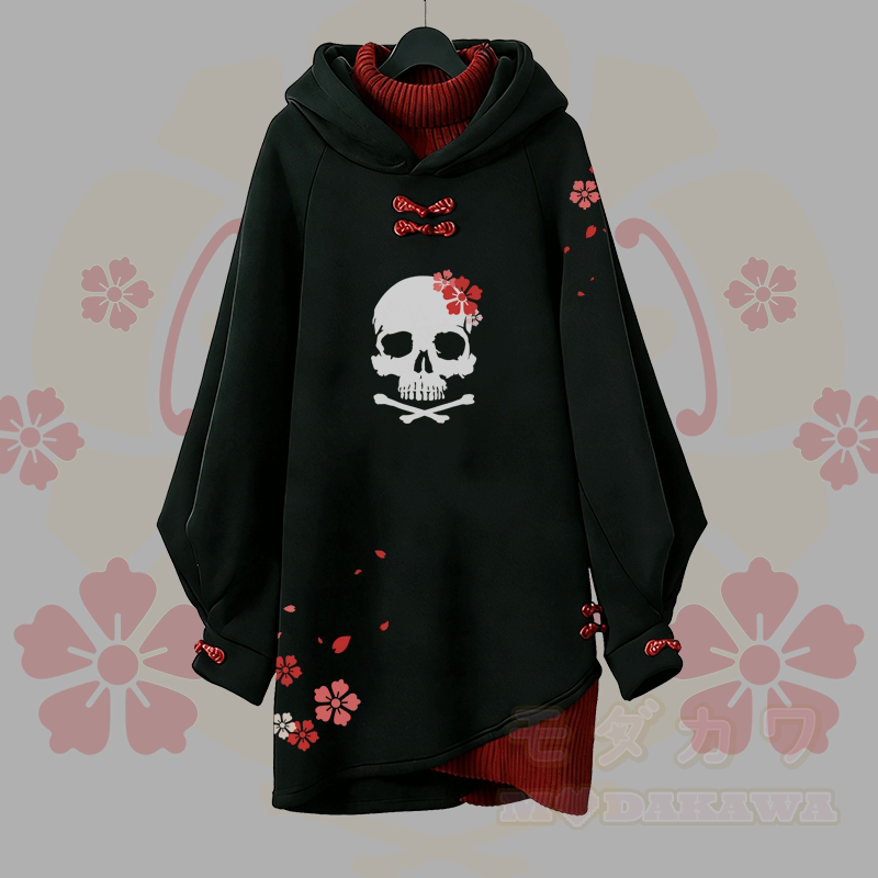 桜スカルグラフィックバックルヴィンテージフード付きスウェットシャツドレス - 黒 - 3XL - image 2