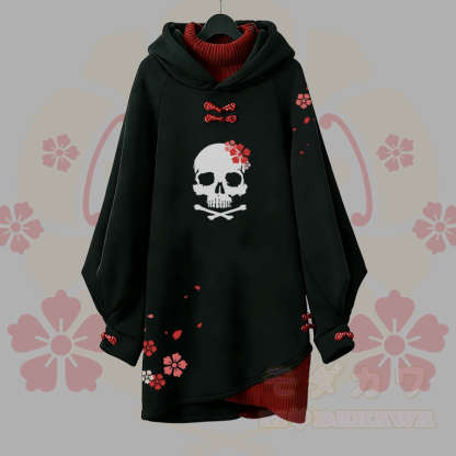 桜スカルグラフィックバックルヴィンテージフード付きスウェットシャツドレス - 黒 - 3XL - image 2