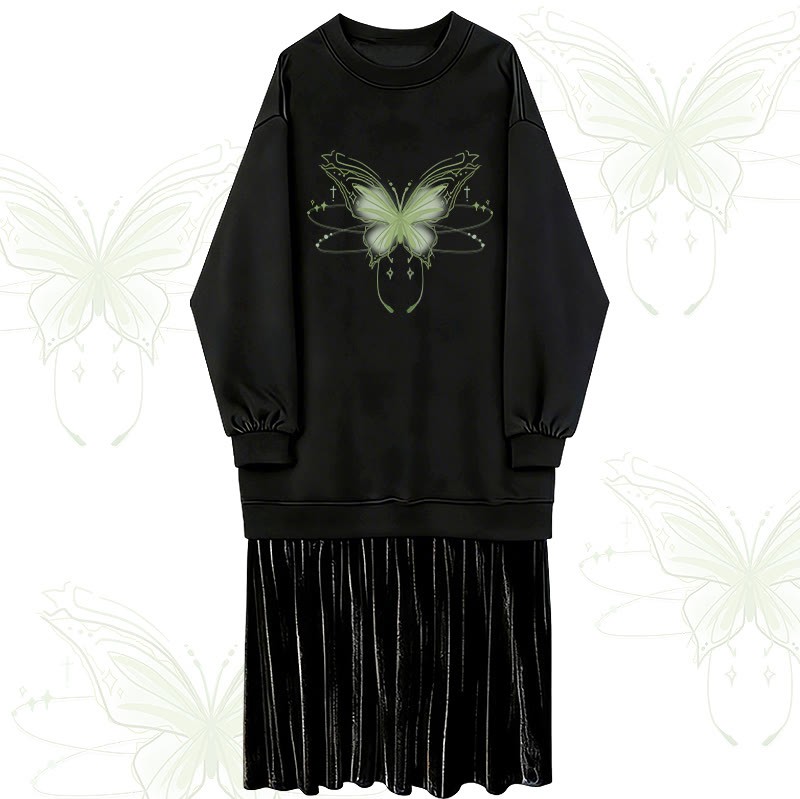 光る蝶のグラフィックフェイクレイヤードフリース裏地スウェットシャツドレス - Black - 2XL - image 1