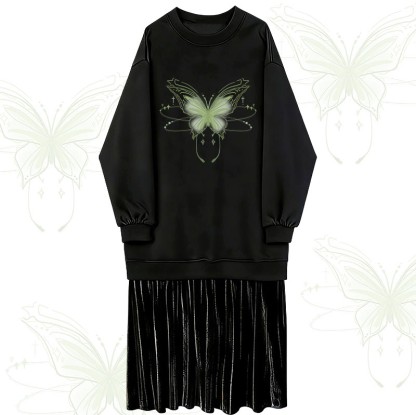 光る蝶のグラフィックフェイクレイヤードフリース裏地スウェットシャツドレス - Black - 2XL - image 1