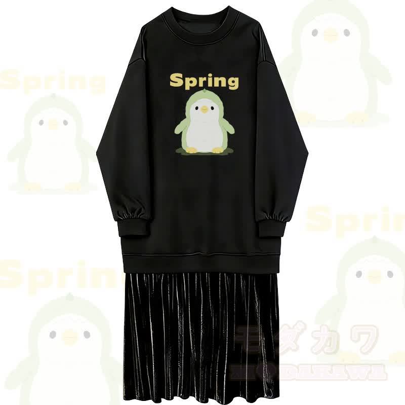 春のペンギングラフィックフェイクレイヤードフリース裏地スウェットシャツドレス - 黒 - 2XL - image 1