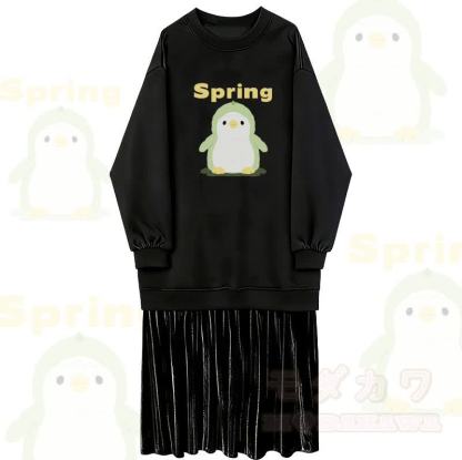 春のペンギングラフィックフェイクレイヤードフリース裏地スウェットシャツドレス - 黒 - 2XL - image 1