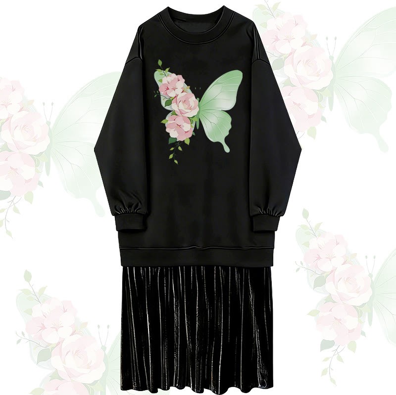 フラワーバタフライグラフィックフェイクレイヤードフリース裏地スウェットシャツドレス - Black - 2XL - image 1