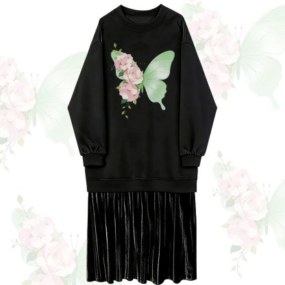フラワーバタフライグラフィックフェイクレイヤードフリース裏地スウェットシャツドレス - Black - 2XL - image 1