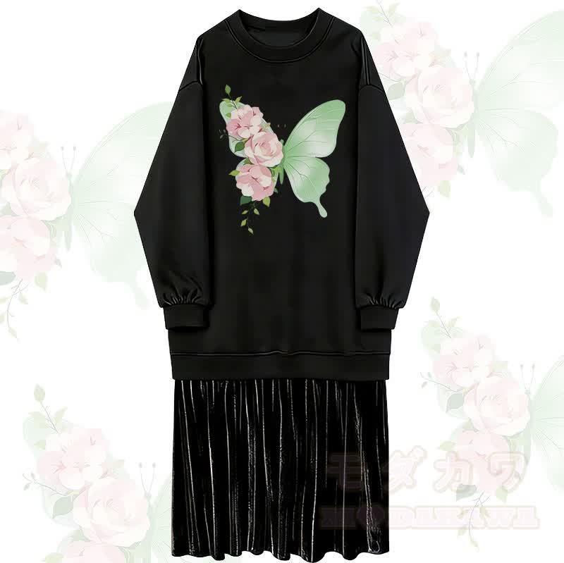 フラワーバタフライグラフィックフェイクレイヤードフリース裏地スウェットシャツドレス - 黒 - 2XL - image 1