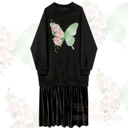 フラワーバタフライグラフィックフェイクレイヤードフリース裏地スウェットシャツドレス - 黒 - 2XL - image 1